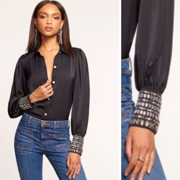 Ramy Brook NWT Navy Blouse with Embellished Cuffs - Picture 1 of 3